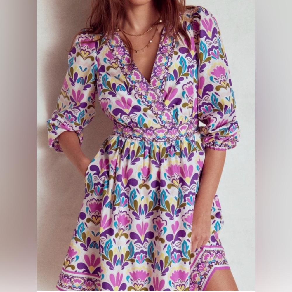 NEW Boden Mya Cotton Floral Fit & Flare Lined Pockets Short Mini Dress $190